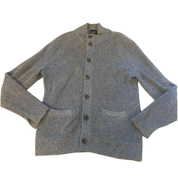 J Crew 100% Cotton Men’s Button Front Cardigan Sz L Blue White - Picture 1 of 6